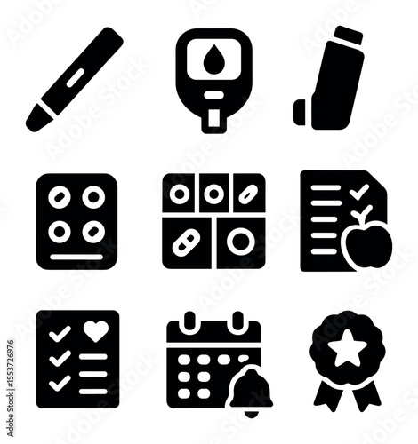 Chronic Care Icons. Solid, filled icons set of chronic care: insulin pen, glucose monitor, inhaler, medication