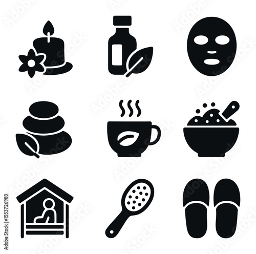 Modern Spa Icons. Solid, filled icons set of spa wellness: flower candle, essential oil, face mask, massage