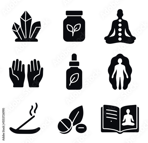 Holistic Wellness Icons. Solid, filled icons set of holistic wellness: crystal, herbal remedy, chakra icon,