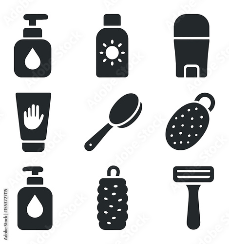 Body Care Icons. Solid, filled icons set of body care: skin lotion, sunscreen bottle, deodorant, hand cream,