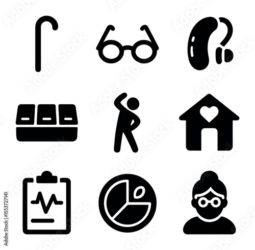 Healthy Aging Icons Set. Solid, filled icons set of healthy aging: walking stick, reading glasses, hearing aid