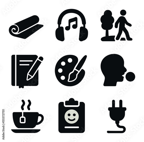 Stress Relief Icons. Solid, filled icons set of stress relief: yoga mat, relaxing music, nature walk, journal,