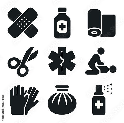 First Aid Icons. Solid, filled icons set of first aid: bandage, antiseptic, gauze roll, scissors, emergency