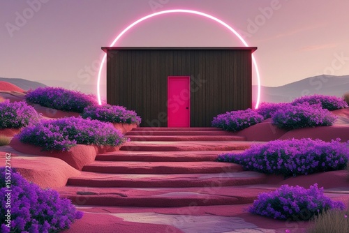 Pink And Purple Flower Landscape With Futuristic Portal At Sunset


