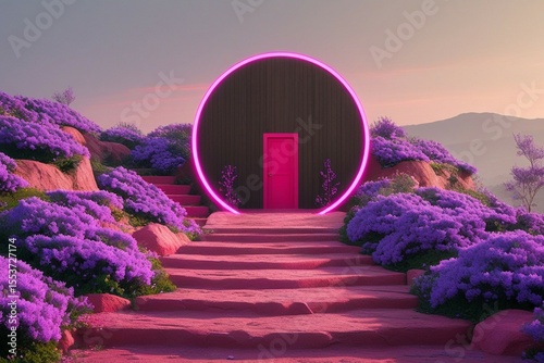 Pink And Purple Flower Landscape With Futuristic Portal At Sunset


