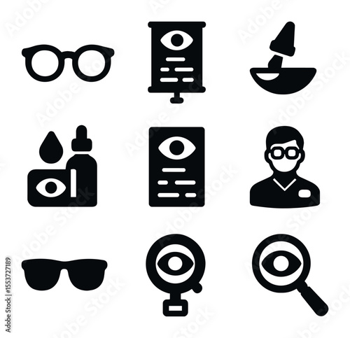 Vision Care Icons. Solid, filled icons set of vision care: eyeglasses, eye chart, contact lens, eyedrops, eye
