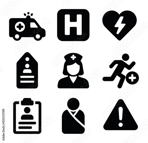 Emergency Care Icons. Solid, filled icons set of emergency care: ambulance, ER sign, defibrillator, triage tag