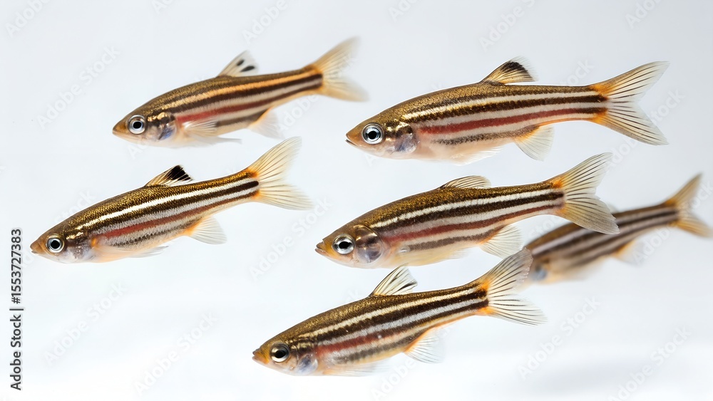 Fototapeta premium A group of six zebra danio fish swimming together. They have a striped pattern with orange and silver colors. The background is plain white.