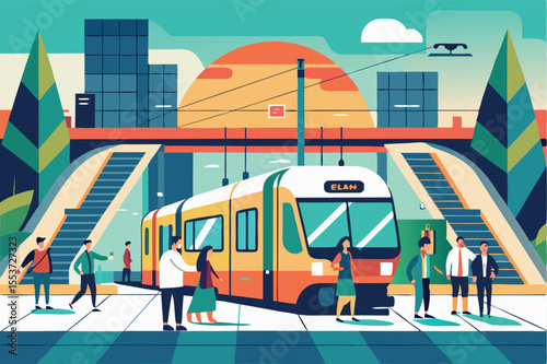 Sunset at a busy urban transit station with commuters boarding and alighting from a colorful train