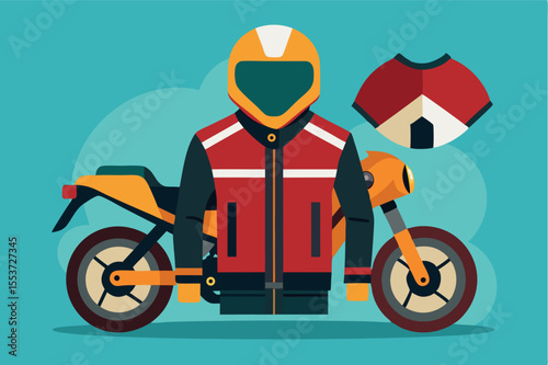 Stylish motorcycle outfit and bike displayed against a teal background showcasing urban transportation gear