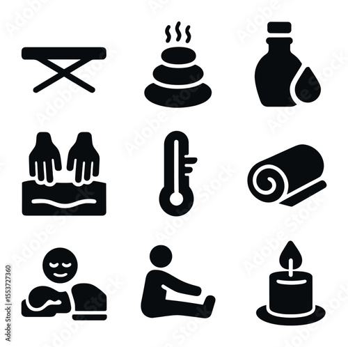 Therapeutic Massage Icons. Solid, filled icons set of therapeutic massage: massage table, hot stones, oil