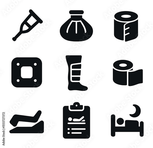 Injury Recovery Icons. Solid, filled icons set of injury recovery: crutch, ice pack, compression wrap, bandage