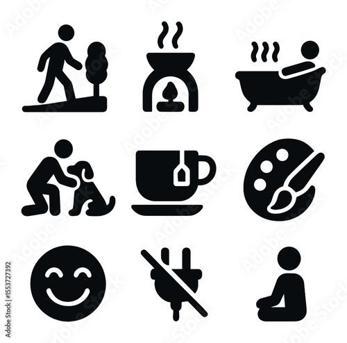 Anti-Stress Habits Icons. Solid, filled icons set of anti-stress habits: nature walk, aromatherapy, warm bath,