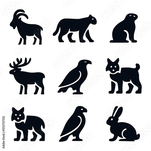 Mountain Animals Icons. Solid, filled icons set of mountain animals: mountain goat, cougar, marmot, elk, eagle