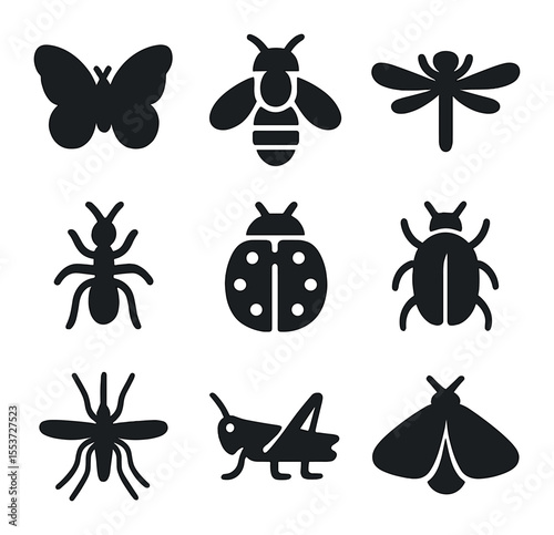 Insect Icons Grid. Solid, filled icons set of insects: butterfly, bee, dragonfly, ant, ladybug, beetle,