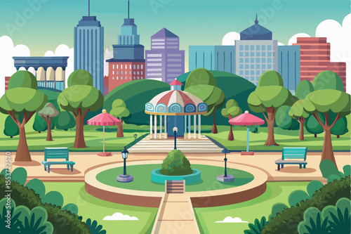 Vibrant city park with a charming gazebo, trees, and benches overlooking a skyline during a sunny day