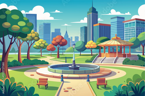 Park setting with a fountain, colorful trees, and city skyline during a sunny day