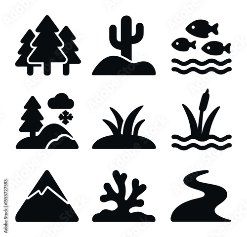 Ecosystem Icon Grid. Solid, filled icons set of ecosystems: forest, desert, ocean, tundra, grassland, wetland,