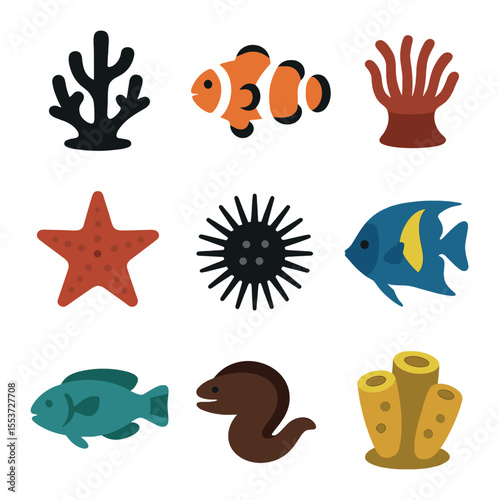 Coral Reef Icons. Solid, filled icons set of coral reef life: coral, clownfish, anemone, sea star, sea urchin,