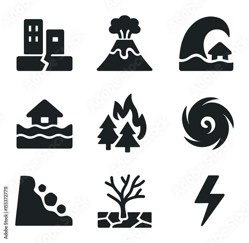 Natural Disasters Icons. Solid, filled icons set of natural disasters: earthquake, volcano, tsunami, flood,