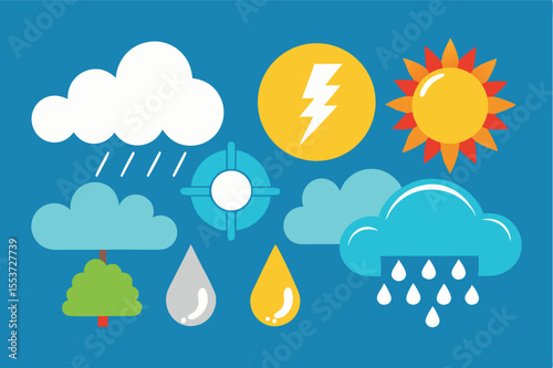 Weather icons representing various conditions including rain, sun, and thunderstorms in a colorful design