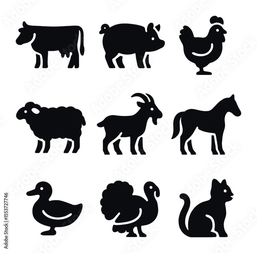 Farm Animal Icons. Solid, filled icons set of farm animals: cow, pig, chicken, sheep, goat, horse, duck,