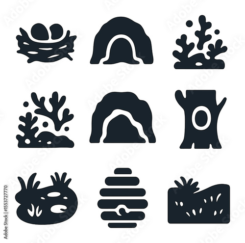 Wildlife Habitats Icons. Solid, filled icons set of wildlife habitats: nest, den, burrow, coral reef, cave,