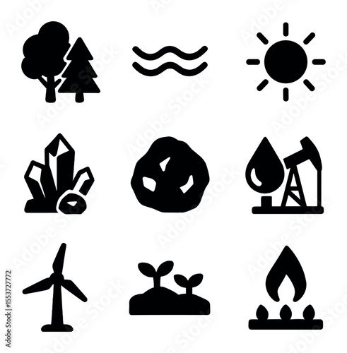 Natural Resources Icons. Solid, filled icons set of natural resources: trees, water, sunlight, minerals, coal,