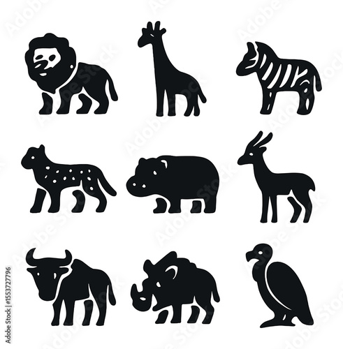 Safari Animal Icons. Solid, filled icons set of safari animals: lion, giraffe, zebra, cheetah, hippo, antelope
