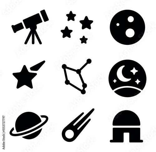 Stargazing Icons Set. Solid, filled icons set of stargazing nature: telescope, star cluster, moon, shooting