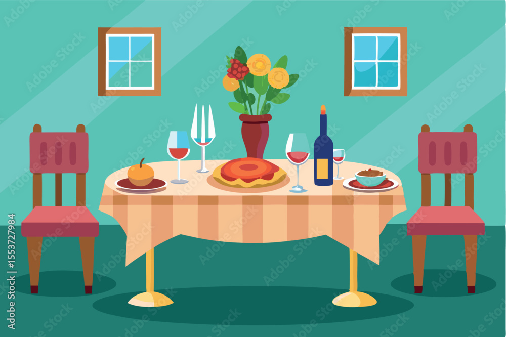Obraz premium Festive dining table set with desserts, wine, and floral centerpiece for a cheerful gathering