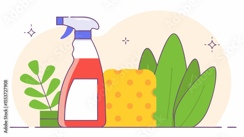 Vector illustration of cleaning supplies including a spray bottle and sponge for home care