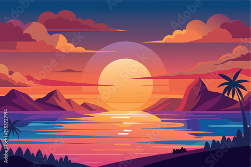 Bright sunset over calm waters with mountains and palm trees in a serene landscape setting