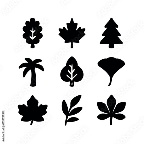 Tree Icon Grid. Solid, filled icons set of trees and leaves: oak, maple, pine, palm, birch, ginkgo, sycamore,