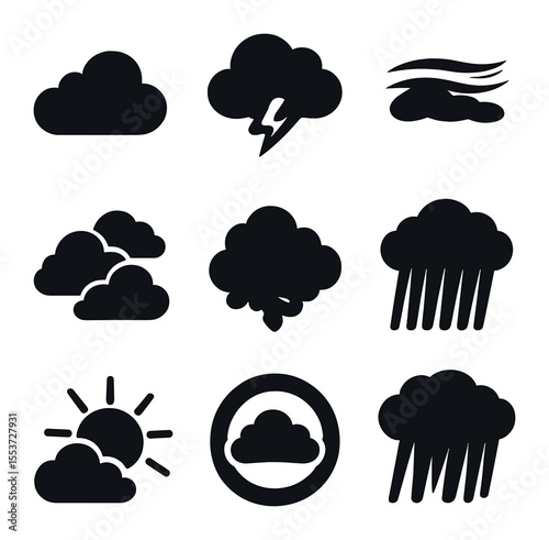 Cloudscape Icons Grid. Solid, filled icons set of cloudscapes: fluffy cloud, thunder cloud, wispy cirrus,