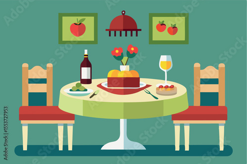 Dining table set with food and drinks in a cozy kitchen, showcasing colorful decorations and inviting ambiance for a delightful gathering