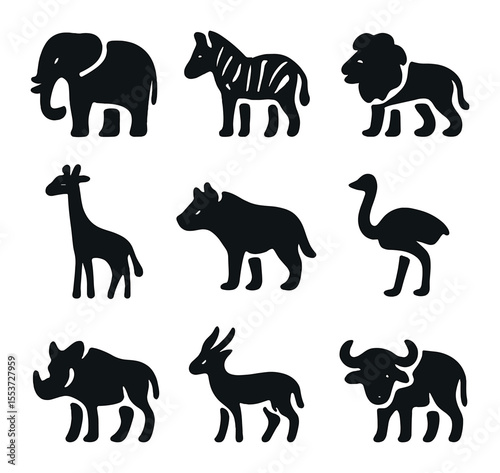 Savanna Animal Icons. Solid, filled icons set of savanna animals: elephant, zebra, lion, giraffe, hyena,