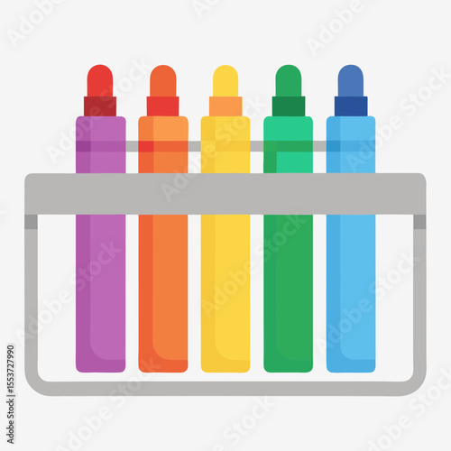 Rainbow colored markers in a metal holder