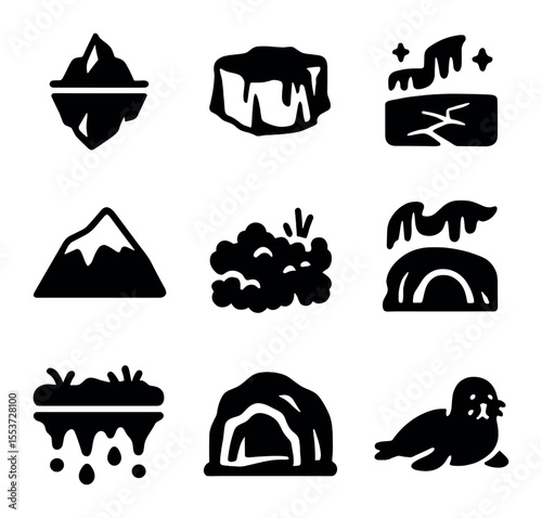 Glacial Nature Icons. Solid, filled icons set of glacial nature: iceberg, glacier, frozen lake, snowcap,