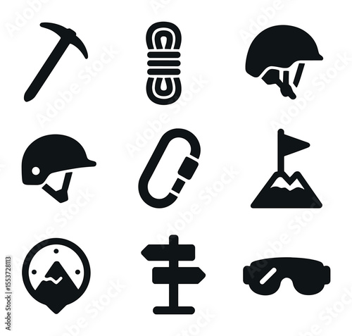 Mountain Climbing Icons. Solid, filled icons set of mountain climbing: ice axe, rope coil, crampon, helmet,