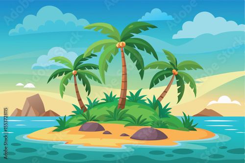 Tropical island with palm trees and serene waters under a clear blue sky at midday