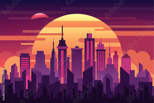 City skyline at sunset with colorful clouds and modern buildings creating a vibrant evening atmosphere