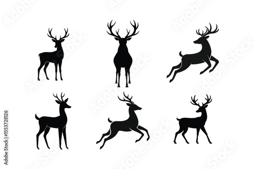 A set of deer silhouette vector art illustration