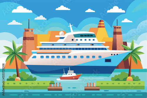 Large cruise ship docked near colorful cliffs with a small boat in the foreground and tropical trees on a sunny day