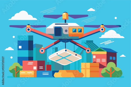 Delivery drone transporting packages over a cityscape with colorful buildings and trees during a sunny day