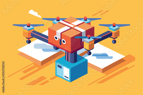 Innovative delivery drone transporting package in bright urban environment