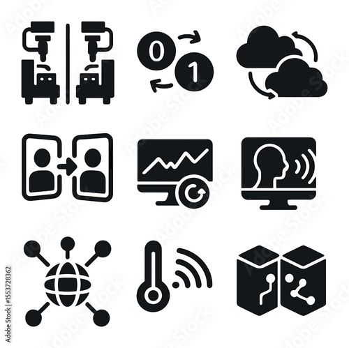 Digital Twins Icons. Solid, filled icons set of digital twin: mirrored machine, data pair, twin cloud, smart