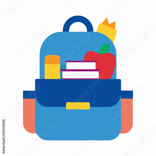Backpack filled with school supplies and fruit