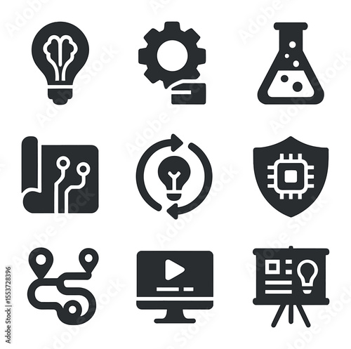 Tech Innovation Icons. Solid, filled icons set of tech innovation: idea bulb, prototype gear, test lab,
