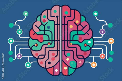 Visual representation of a brain with colorful circuits, symbolizing technology and artificial intelligence development